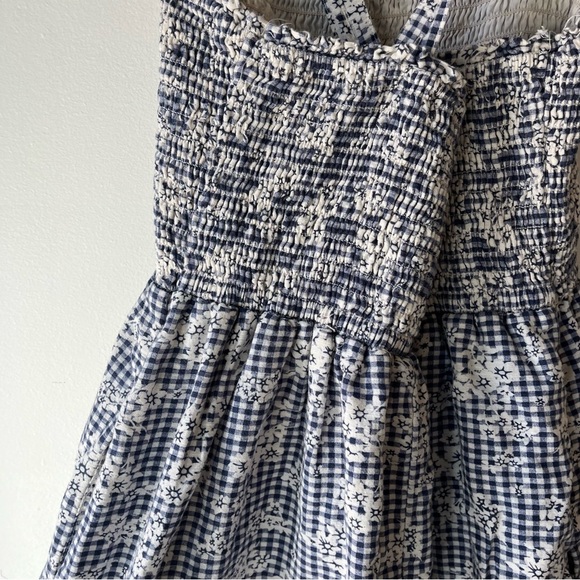 American Eagle Smocked Gingham Floral Sundress Blue White Cotton Linen Blend XL - Picture 7 of 14